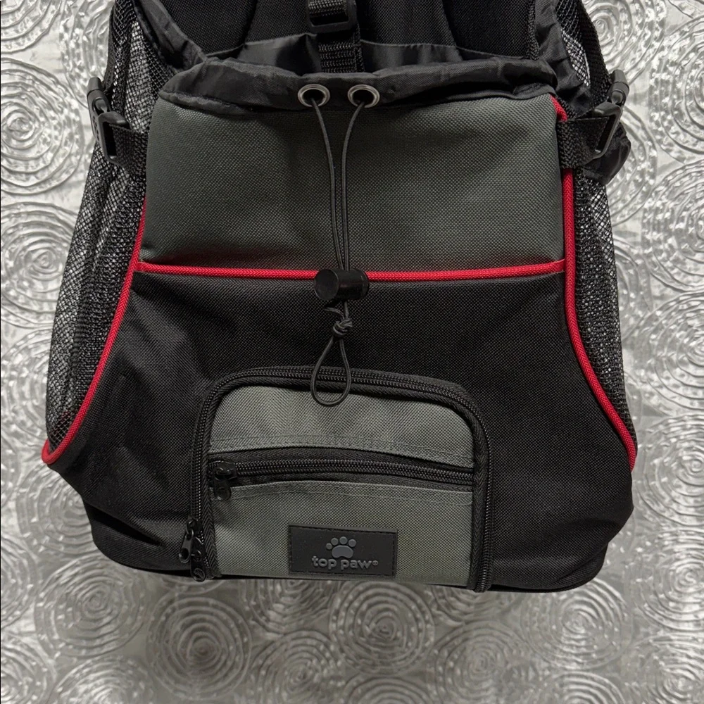Top Paw Dog Carrier Backpack in Black and Gray with Red Trim
